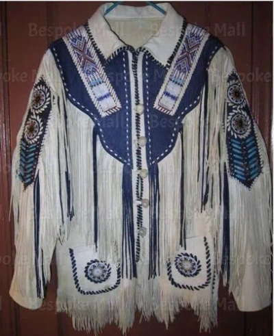 Pre-owned Handmade Men's Western American Style White Cowboy Leather Jacket Fringes Beads-572