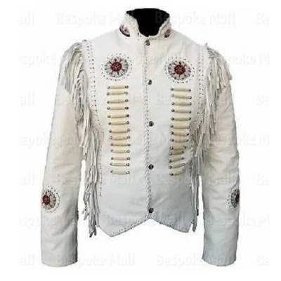 Pre-owned Handmade Men's Western American White Cowboy Leather Jacket Fringes Bone Bead-892