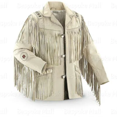 Pre-owned Handmade Men's Western Style Native  White Cowboy Leather Jacket Fringes-574