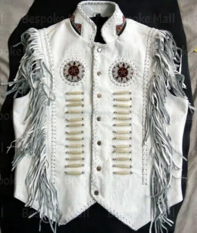 Pre-owned Handmade Men's Western White Fringes Beads Suede Leather Vest American Jacket-968