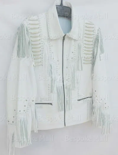 Pre-owned Handmade Men's White American Cowboy Leather Jacket Fringes Bone Front Button-102