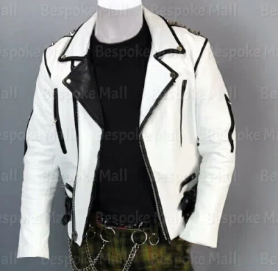 Pre-owned Handmade Men's White Black Silver Studded Brando Cowhide Biker Leather Jacket-322