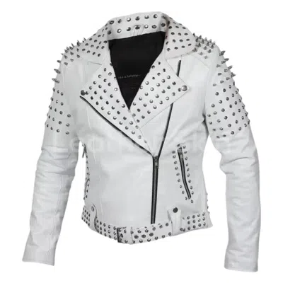 Pre-owned Handmade Men's White Classic Brando Style With Silver Studded Biker Leather Jacket..