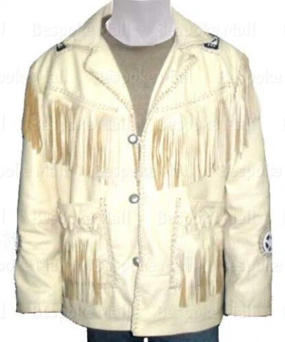 Pre-owned Handmade Men's White Cowboy Buffalo Buckskin American Leather Jacket Fringes Beads-84