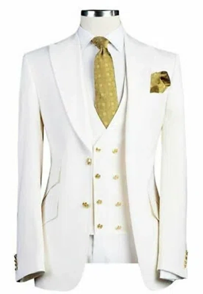 Pre-owned Handmade Men White Designer Gold Button Wedding Grooms Dinner Suit (coat+vest+pants)