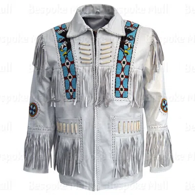 Pre-owned Handmade Men's White  Western American Cowboy Leather Jacket Fringes Bone-524
