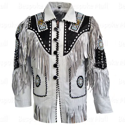 Pre-owned Handmade Men's White  Western American Cowboy Real Leather Jacket Fringes-523