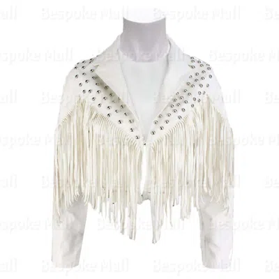 Pre-owned Handmade Men's White Native Western Silver Studded Fringed Cowboy Leather Jacket-250