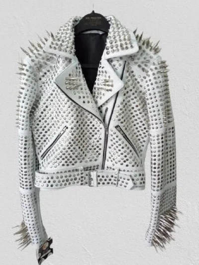Pre-owned Handmade Men White Rock Punk Full Long Spiked Studded Brando Belted Cow Leather Jacket