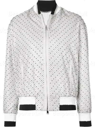 Pre-owned Handmade Men's White Silver Studded Club Punk Rock Cowhide Biker Leather Jacket-644
