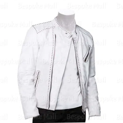 Pre-owned Handmade Men's White Silver Studded Double Zippered Cowhide Biker Leather Jacket-149