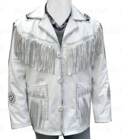 Pre-owned Handmade Men's White Western American Style Cowboy Leather Jacket Fringes Patches-26