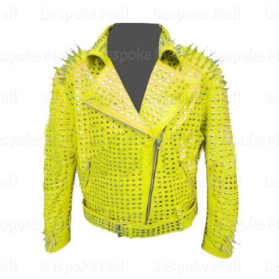 Pre-owned Handmade Men's Yellow Punk Silver Long Spiked Studded Leather Brando Style Jacket-938