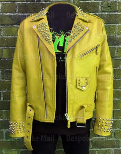 Pre-owned Handmade Men's Yellow Spiked Studded Punk Unique Cowhide Biker Leather Jacket-765