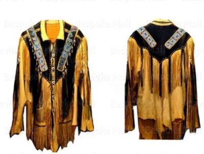 Pre-owned Handmade Men's Yellow Western American Cowboy Leather Jacket Fringes Hairs Beads-1019