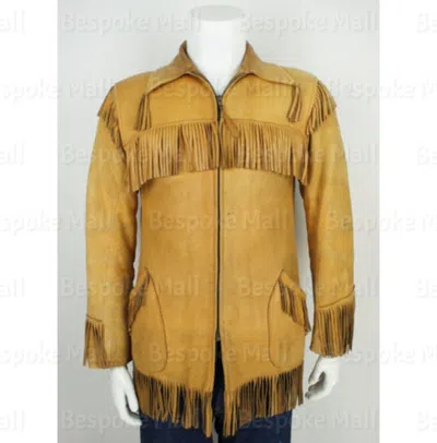 Pre-owned Handmade Men's Yellow Western Style American Style Cowboy Leather Coat Fringes-502
