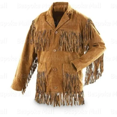 Pre-owned Handmade Mens 2018 American Style Western Brown Suede Leather Long Fringes Coat-89