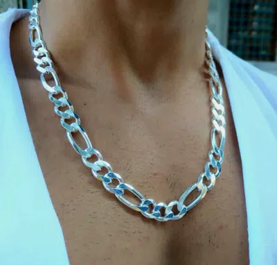 Pre-owned Handmade Mens 925 Sterling Silver Figaro Link Chain Necklace Solid Handcrafted 97gr 24"