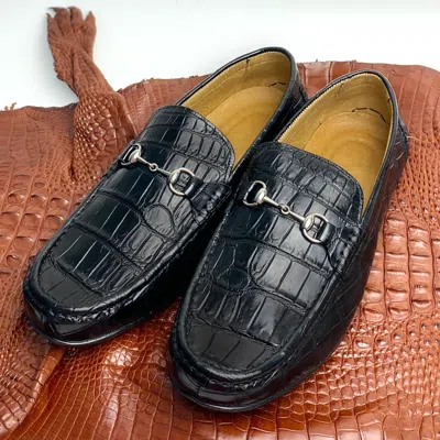Pre-owned Handmade Mens Alligator Loafers Shoes Size 12 Slip On Crocodile Leather Driving Moccasins In Black