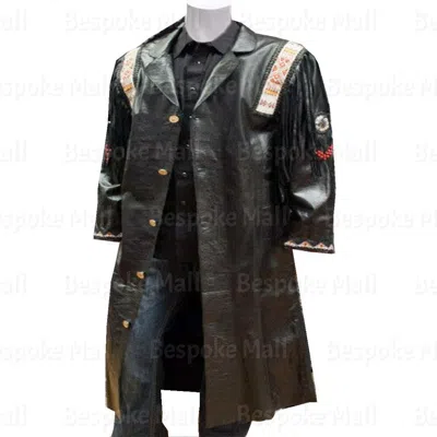 Pre-owned Handmade Mens American Western Style Black Cowboy Leather Long Coat Fringes Beads-95
