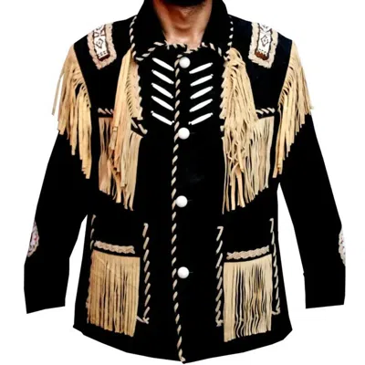 Pre-owned Handmade Mens Black Cowboy Western With Fringes And Beads Leather Jacket.