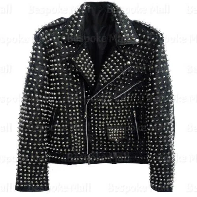 Pre-owned Handmade Mens Black Full Silver Spiked Studded Brando Cowhide Leather Jacket-116