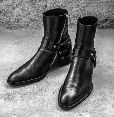 Pre-owned Handmade Mens Black Leather Ankle Boots, Side Zipper Rock Style Boots For Mens