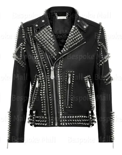 Pre-owned Handmade Mens Black Multi Full Silver Studded Punk Brando Cowhide Leather Jacket-112