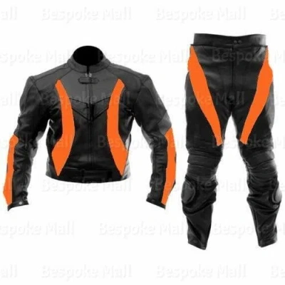 Pre-owned Handmade Mens Black Orange Motorcycle Cowhide Leather Two Piece Suit Safety Pads-458 In Multicolor