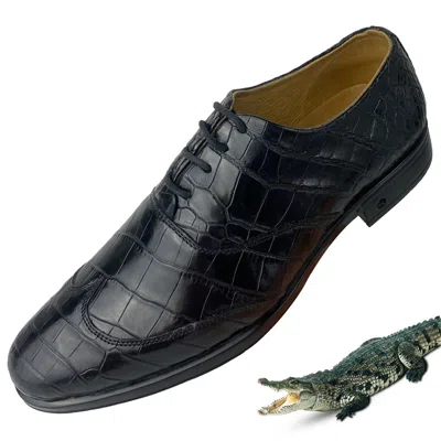 Pre-owned Handmade Mens Black Oxford Shoes Genuine Alligator Crocodile Lace Up Brogues Us Size 9.5