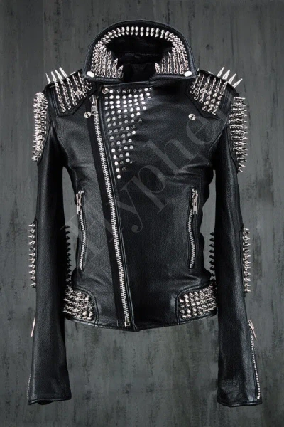 Pre-owned Handmade Mens Black Punk Unique Full Silver Spiked Studded Cowhide Leather Jacket