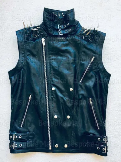 Pre-owned Handmade Mens Black Silver Long Spiked Studded Quilted Cowhide Biker Leather Vest-953