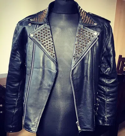 Pre-owned Handmade Mens Black Silver Studded Button Brando Style Cowhide Biker Leather Jacket