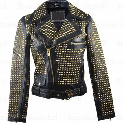 Pre-owned Handmade Mens Black Top Quilted Full Silver Studded Cowhide Biker Leather Jacket-1064