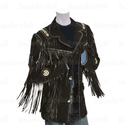 Pre-owned Handmade Mens Black Traditional American Western Suede Leather Jacket Fringes Beads-58