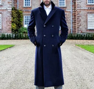 Pre-owned Handmade Mens Blue Trench Coat 100% Wool Winter Long Overcoat Trench Long Coat