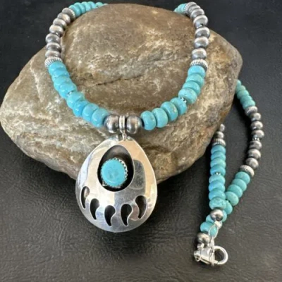 Pre-owned Handmade Mens Blue Turquoise Bearpaw Pendant Navajo Pearls Sterling Silver Necklace 17880