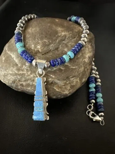 Pre-owned Handmade Mens Blue Turquoise Lapis Opal Pendant Navajo Sterling Silver Necklace 20" 17896