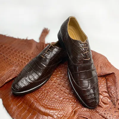 Pre-owned Handmade Mens Brown Alligator Oxford Shoes Crocodile Leather Lace Up Derby Shoes Size 11