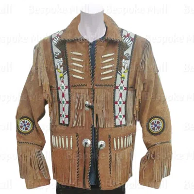 Pre-owned Handmade Mens Brown American Western Suede Leather Jacket Fringes Bone Eagle Beads-103