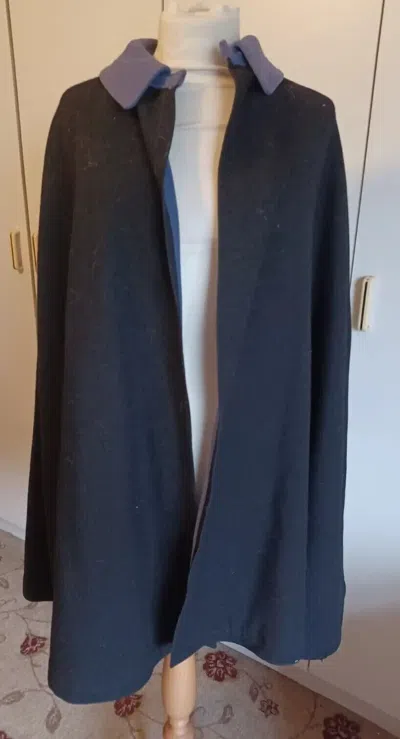 Pre-owned Handmade Mens Dated 1957 Black Wool Nurse's Cape Purple Wool Collar Coat