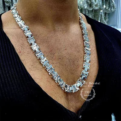 Pre-owned Handmade Mens Flat Byzantine Necklace Euro King Chain 925 Sterling Silver 13mm 165gr 24"