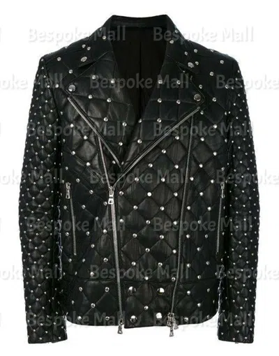 Pre-owned Handmade Mens Full Black Silver Studded Quilted Zippered Cowhide Leather Coat-44
