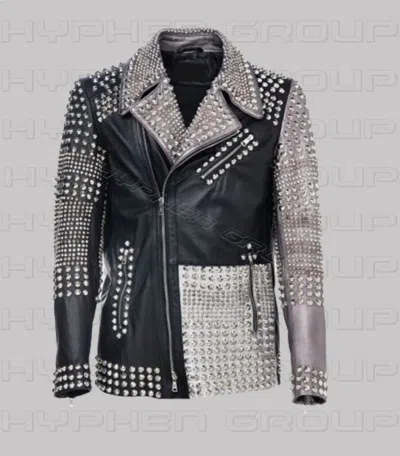 Pre-owned Handmade Mens Gray Black Brando Full Silver Studded Cowhide Biker Leather Jacket