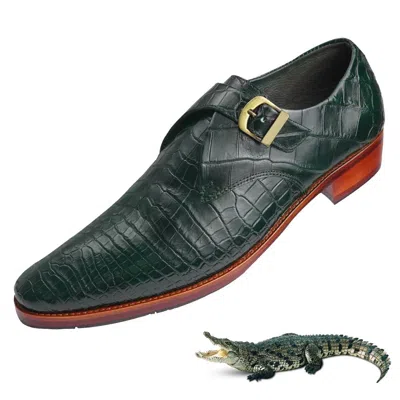 Pre-owned Handmade Mens Green Alligator Monk Strap Shoes Genuine Crocodile Slip On Dress Us Size 11