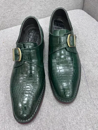 Pre-owned Handmade Mens Green Alligator Shoes Genuine Crocodile Monk Strap Luxury Dress Shoes Us 12