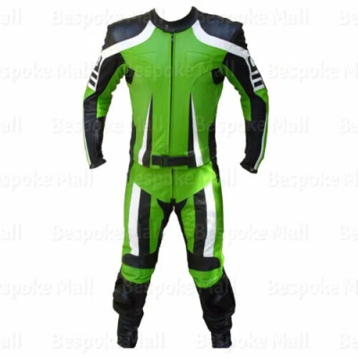 Pre-owned Handmade Mens Green Motorcycle Racing Cowhide Leather Two Piece Suit Safety Pads-464 In Multicolor