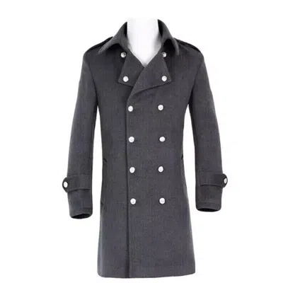 Pre-owned Handmade Mens Grey Long Coat 100% Wool Double Breasted Trench Overcoat Military Jacket In Gray