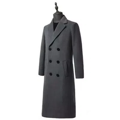 Pre-owned Handmade Mens Grey Long Coat 100% Wool Overcoat Winter Grey Trench Long Coat In Gray