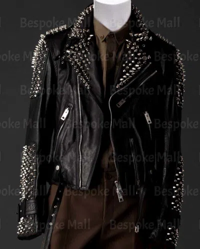 Pre-owned Handmade Mens  Black Silver Metallic Spiked Studded Zippered Leather Jacket-2
